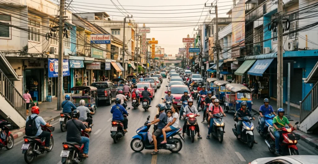 Circulation dense de scooters et motos dans une rue typique de Thaïlande Circulation dense de scooters et motos dans une rue typique de Thaïlande