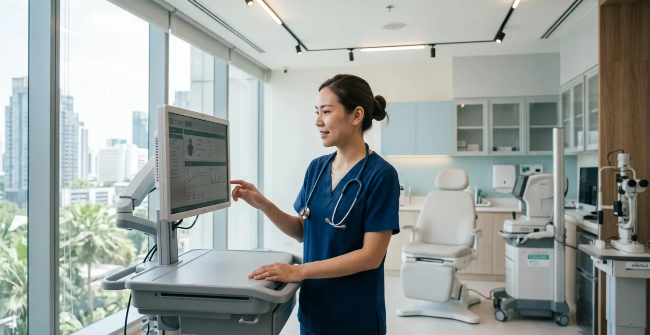 Professionnel de santé dans une clinique privée moderne en Thaïlande avec équipements médicaux de pointe