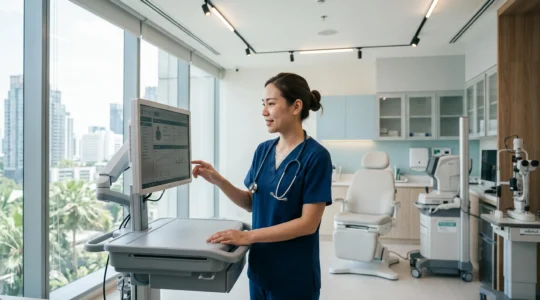 Professionnel de santé dans une clinique privée moderne en Thaïlande avec équipements médicaux de pointe