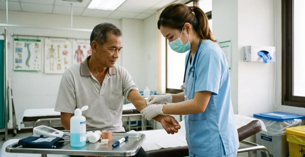 Soignant thaïlandais examinant le bras d'un patient dans une salle de traitement médical Soignant thaïlandais examinant le bras d'un patient dans une salle de traitement médical