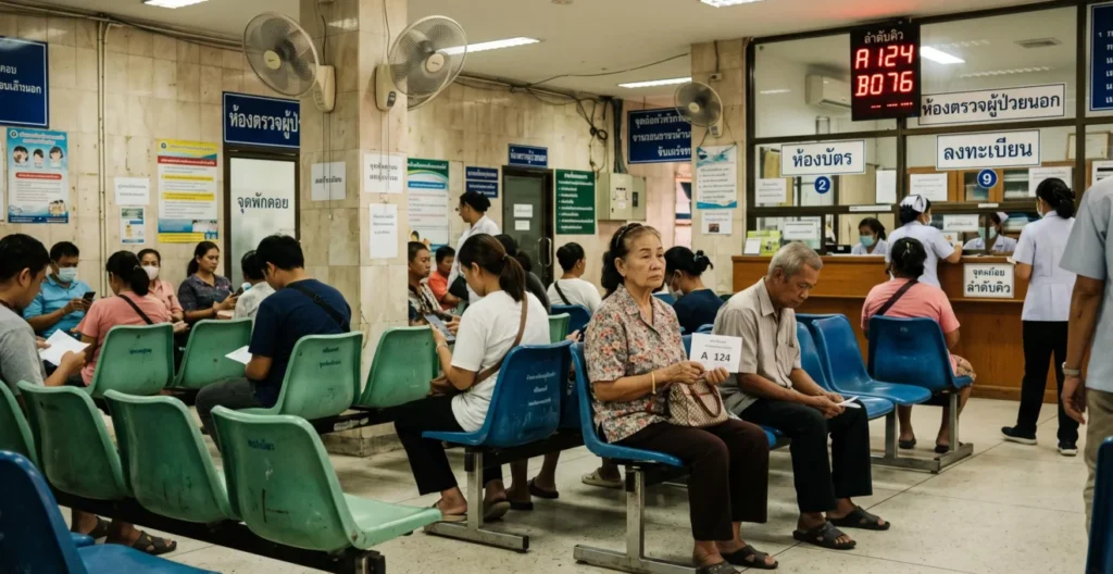 Salle d'attente d'un hôpital public en Thaïlande avec patients attendant leur consultation Salle d'attente d'un hôpital public en Thaïlande avec patients attendant leur consultation